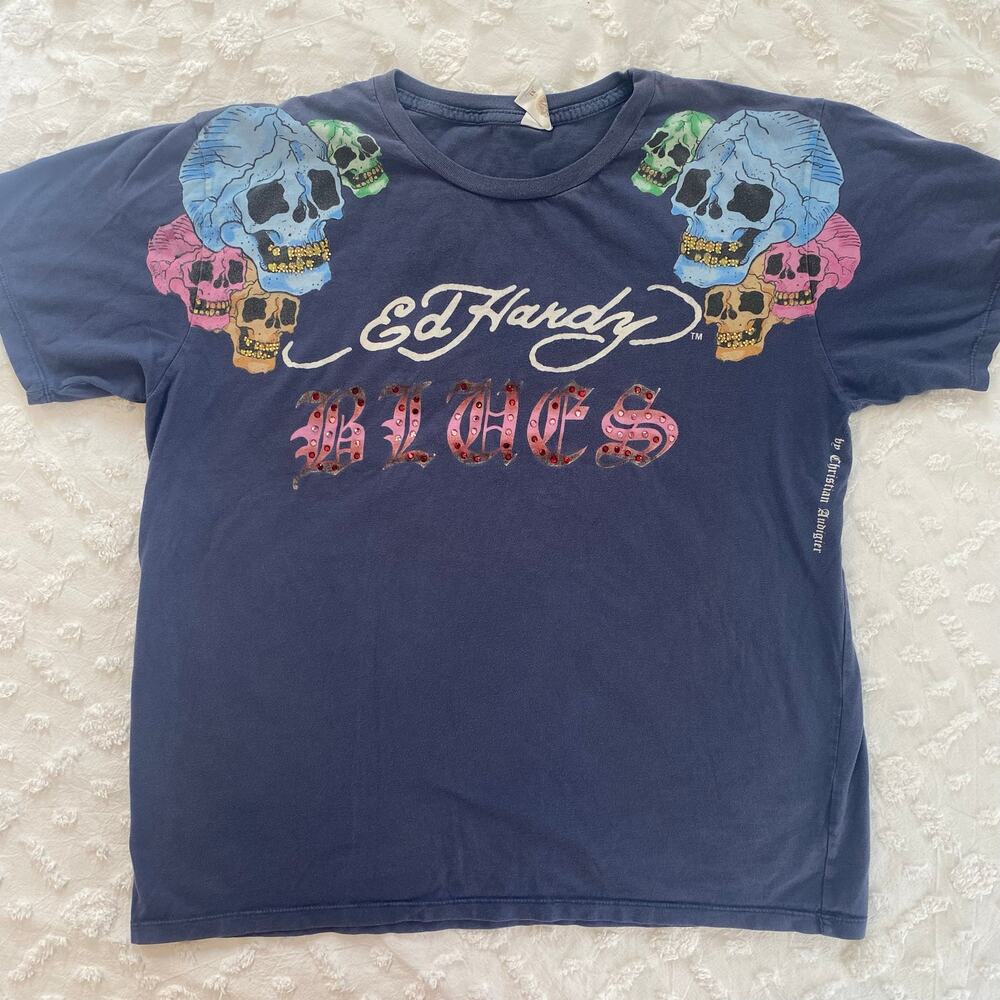 Y2K Ed Hardy Mens Sz XL Short Sleeve T-Shirt Skulls Grunge Rhinestones Blues